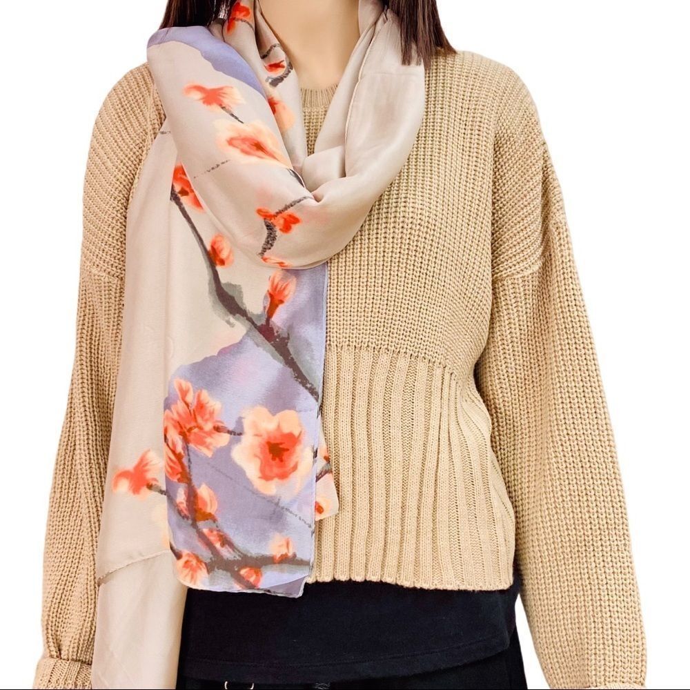 Oversized Silk Scarf Floral Print Headscarf, Neck Wrap Scarf NEW